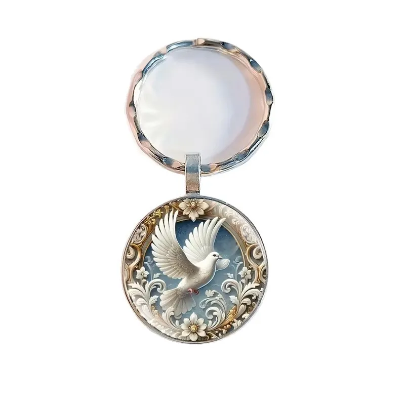 Vintage Dove & Floral Keychain – Elegant White & Gold-Tone Patterned Keyring, Peace & Nature Inspired Accessory for Bags & Keys